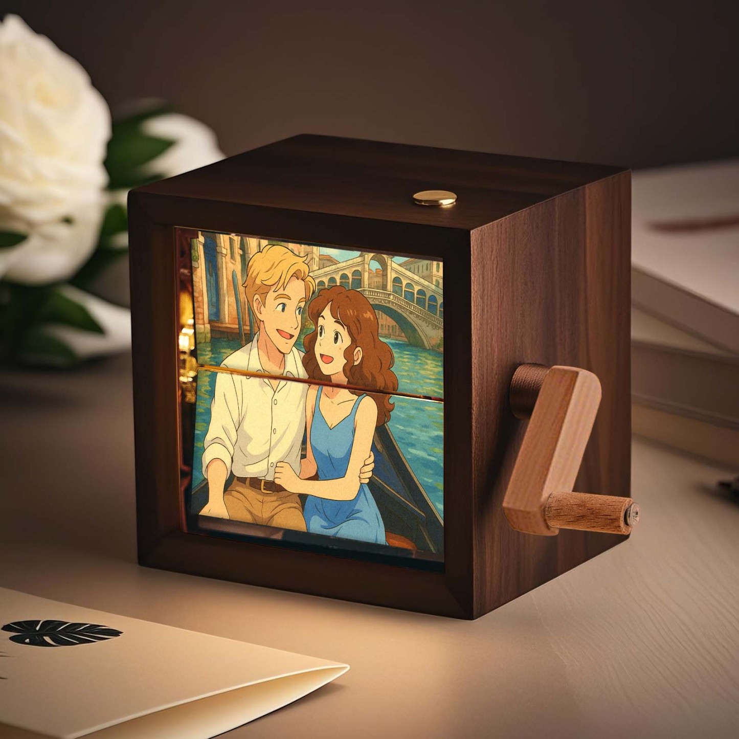 Custom Hand-Crank Flipbook Box Mechanical Anime Photo Album with Light Walnut Baby Photo Cube Frame Creative Gift - PhotoMoonLamp