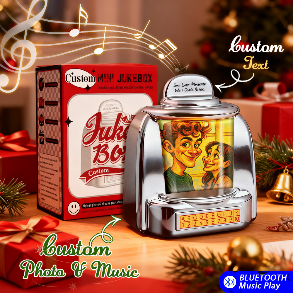 Custom Mini Jukebox Retro Speaker - Personalized Pixar Style Photo & 2 Songs Mini Player with Radio | Vintage Tabletop Home Decor Nostalgic Gift