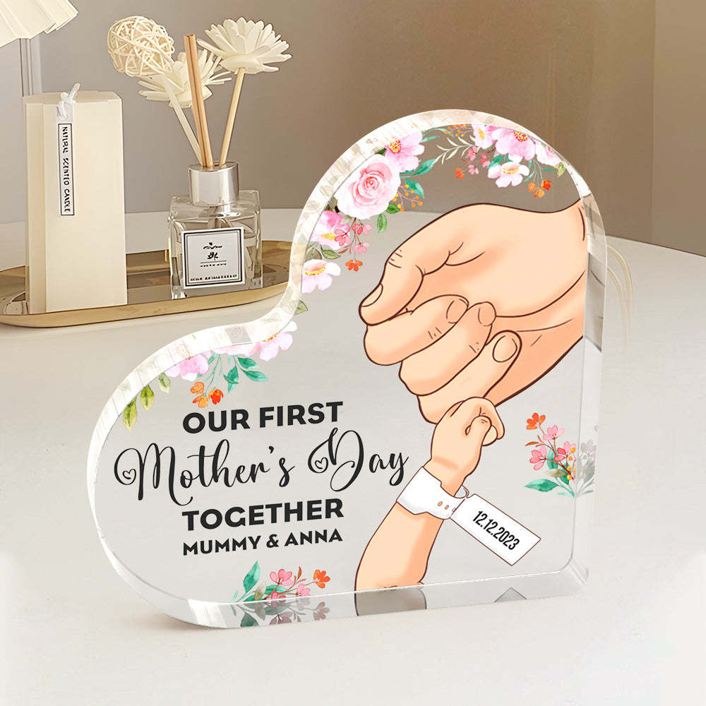 Custom Heart Shaped Acrylic Plaque Keepsake Personalized Name and Date Our First Mother's Day Together - photomoonlamp