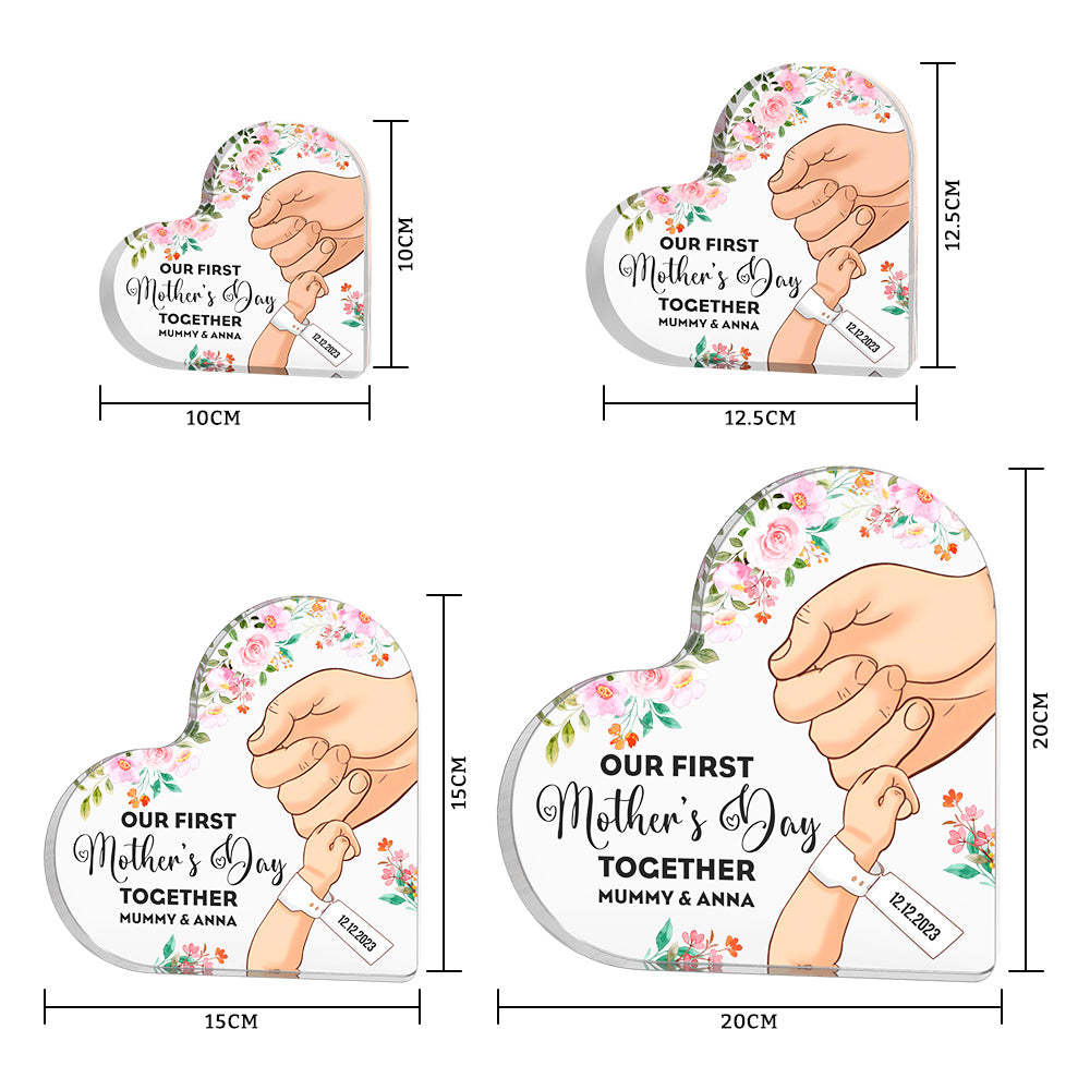 Custom Heart Shaped Acrylic Plaque Keepsake Personalized Name and Date Our First Mother's Day Together - photomoonlamp