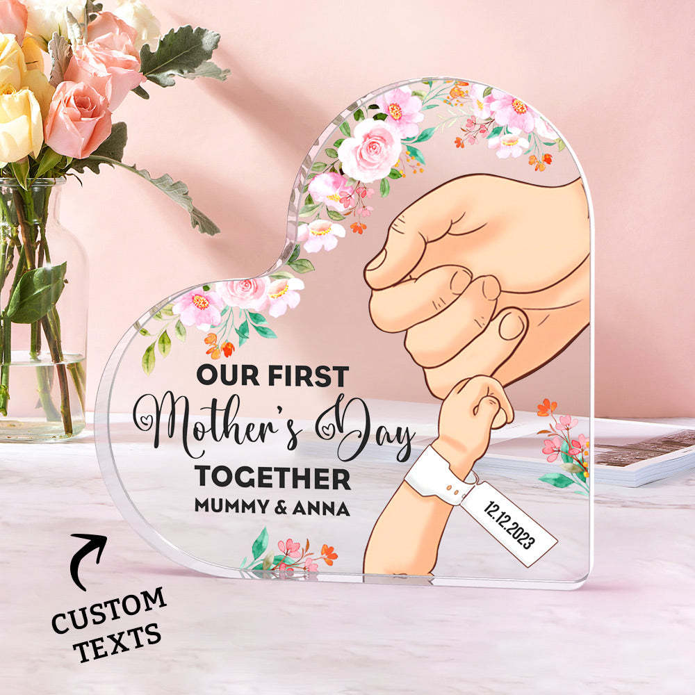 Custom Heart Shaped Acrylic Plaque Keepsake Personalized Name and Date Our First Mother's Day Together - photomoonlamp