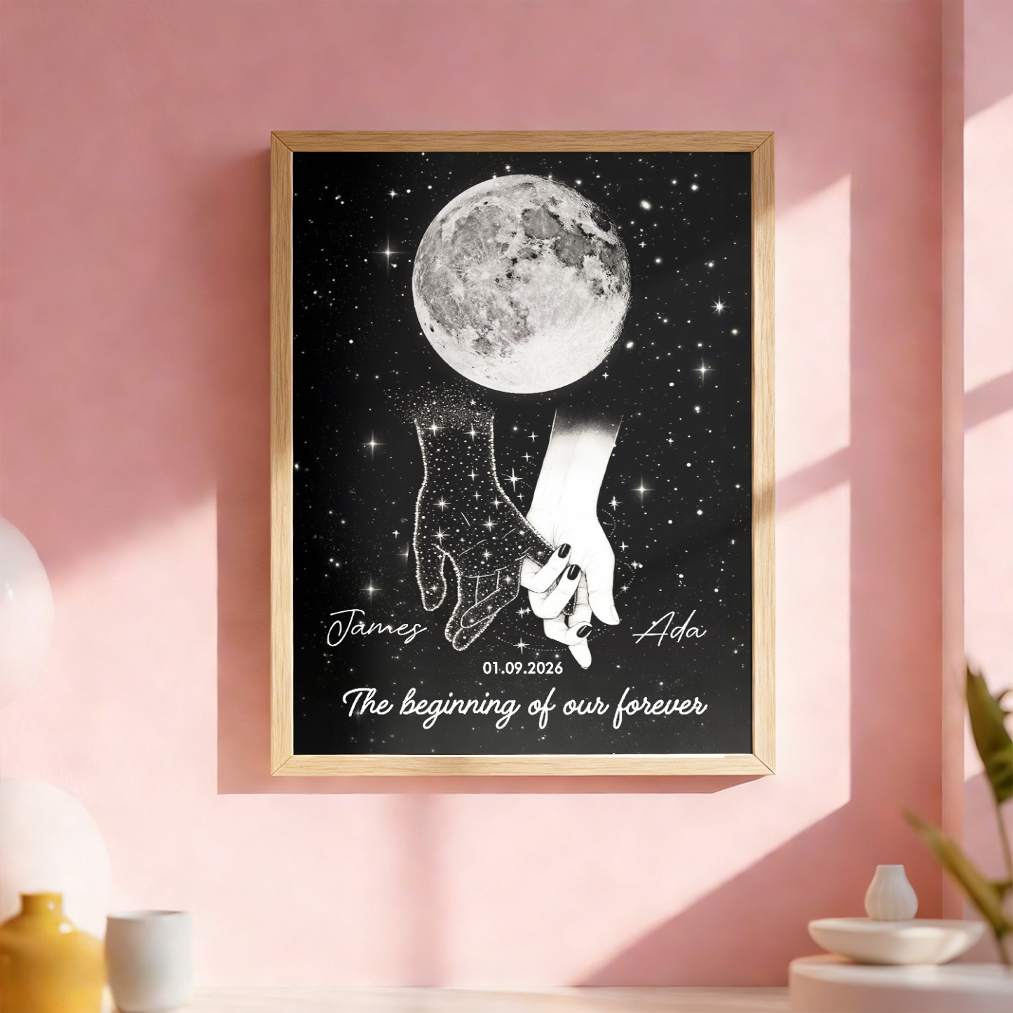 Galaxy Night Couple Holding Hands Custom Moon Phase Anniversary Date - Personalized Poster - Heartfelt Anniversary Gift, Valentine Gift, Wedding Gift For Couple