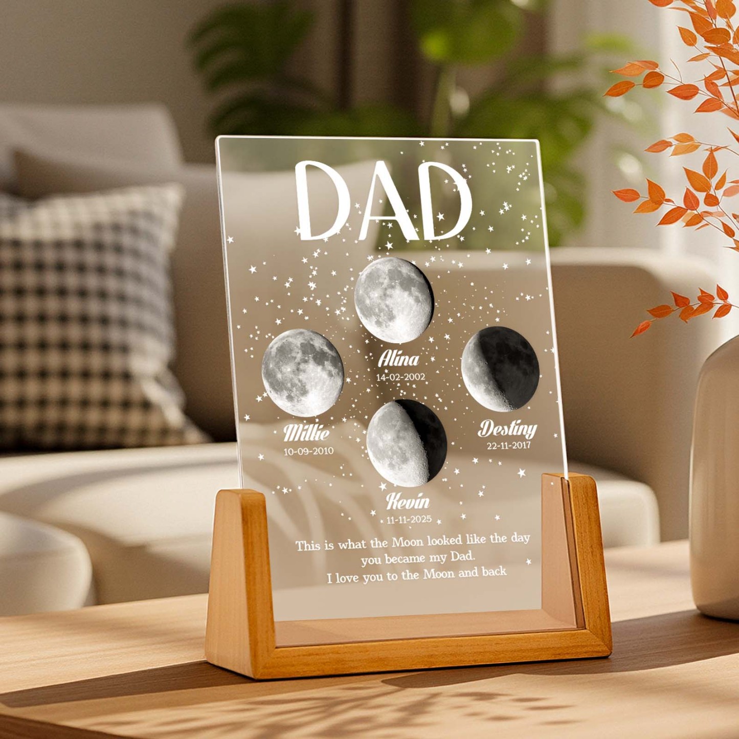 Moon Phase Dad Gift – Personalized Acrylic Plaque Light, Custom Night Sky Gift for Dad, Father’s Day Gift, LED Moon Lamp Keepsake
