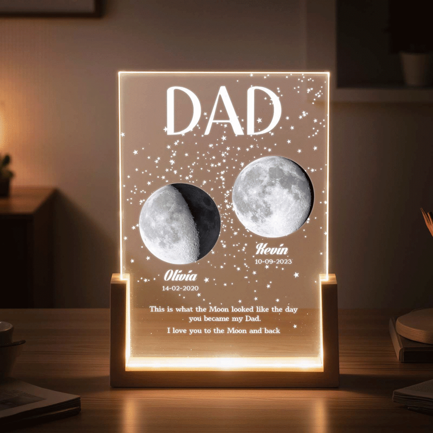 Moon Phase Dad Gift – Personalized Acrylic Plaque Light, Custom Night Sky Gift for Dad, Father’s Day Gift, LED Moon Lamp Keepsake