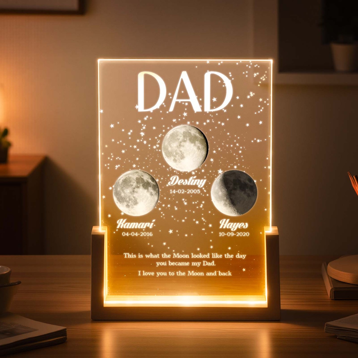 Moon Phase Dad Gift – Personalized Acrylic Plaque Light, Custom Night Sky Gift for Dad, Father’s Day Gift, LED Moon Lamp Keepsake