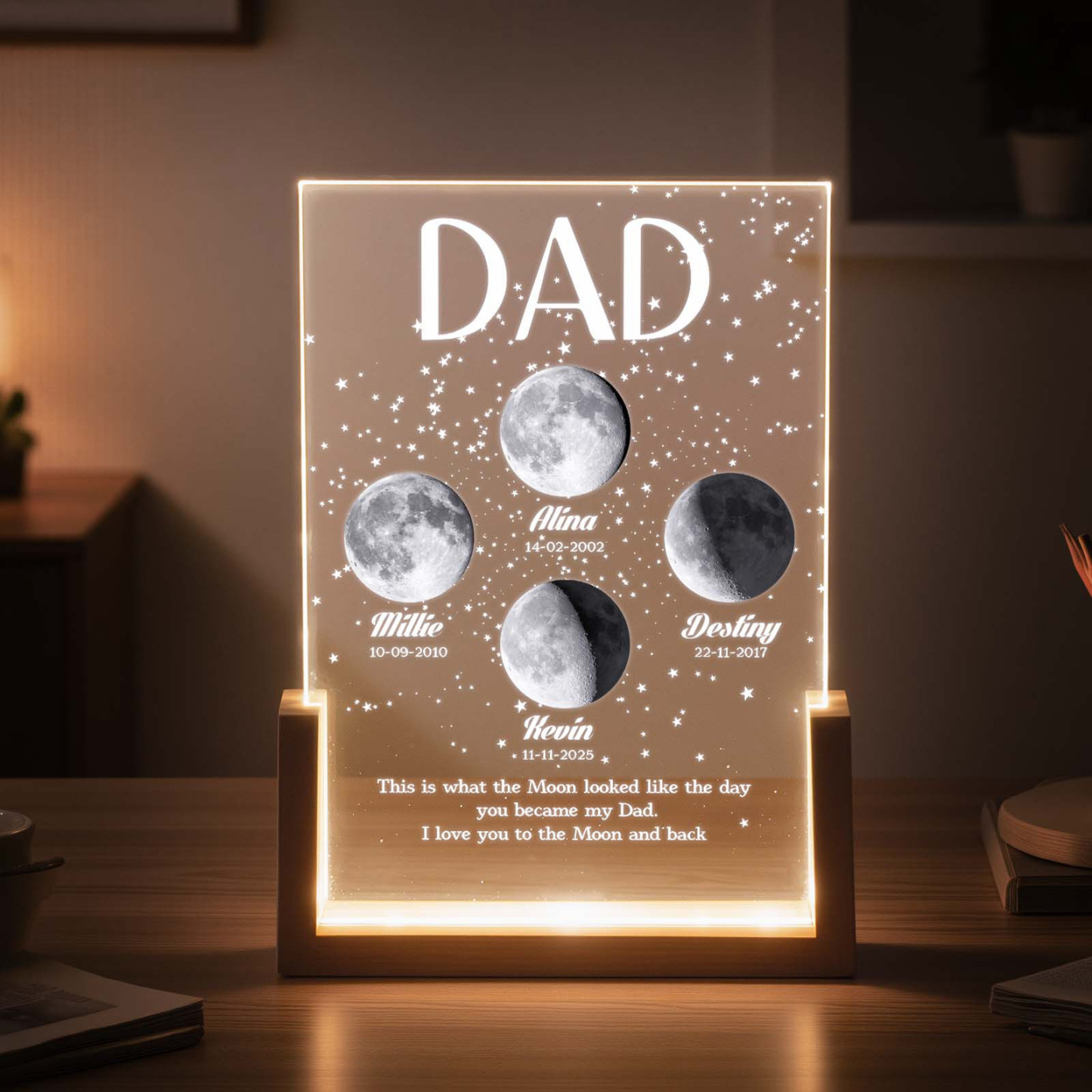 Moon Phase Dad Gift – Personalized Acrylic Plaque Light, Custom Night Sky Gift for Dad, Father’s Day Gift, LED Moon Lamp Keepsake