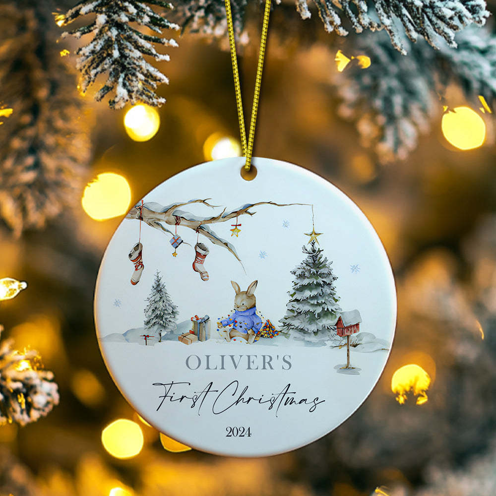 Personalized Rabbit Ceramic Ornament with Name Baby's First Christmas Ornament for New Baby Christmas Gift - Myphotowallet