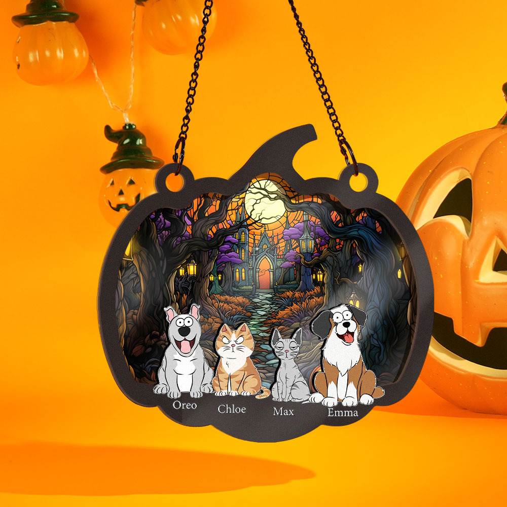 Happy Halloween With Fur Babies - Personalized Window Hanging Suncatcher Ornament
