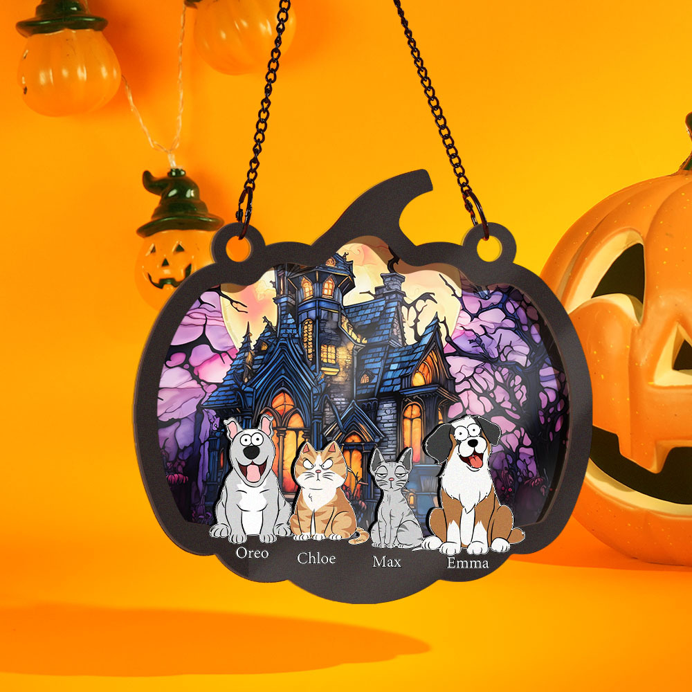 Happy Halloween With Fur Babies - Personalized Window Hanging Suncatcher Ornament