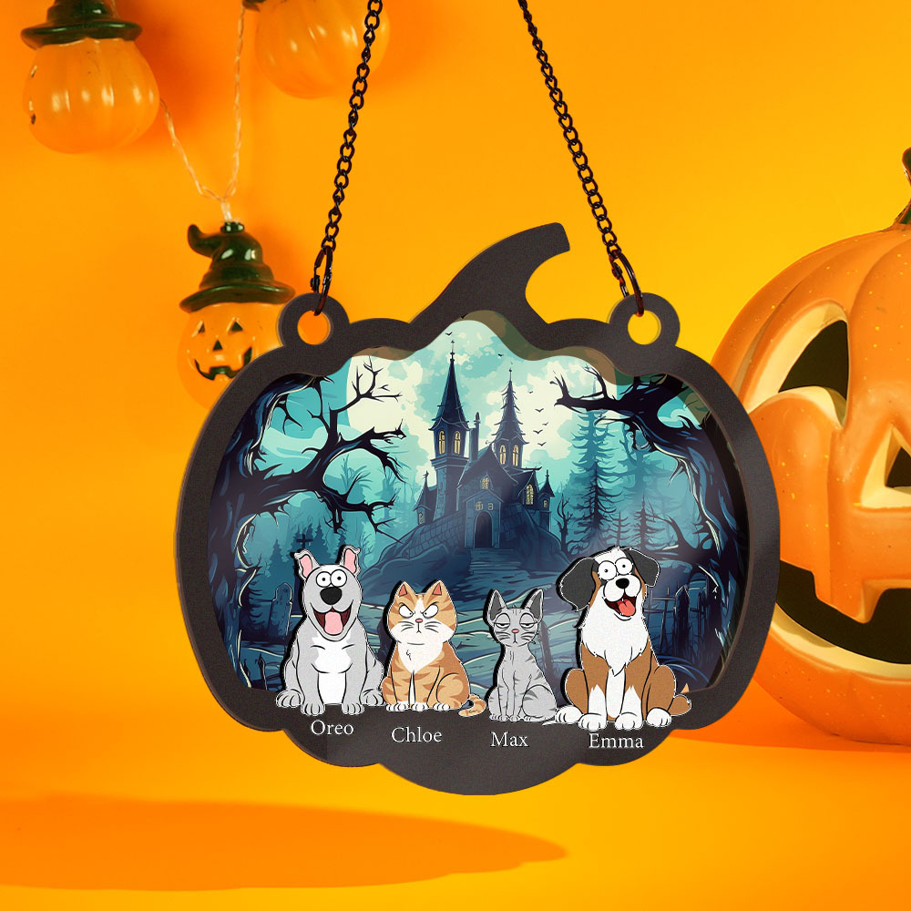 Happy Halloween With Fur Babies - Personalized Window Hanging Suncatcher Ornament