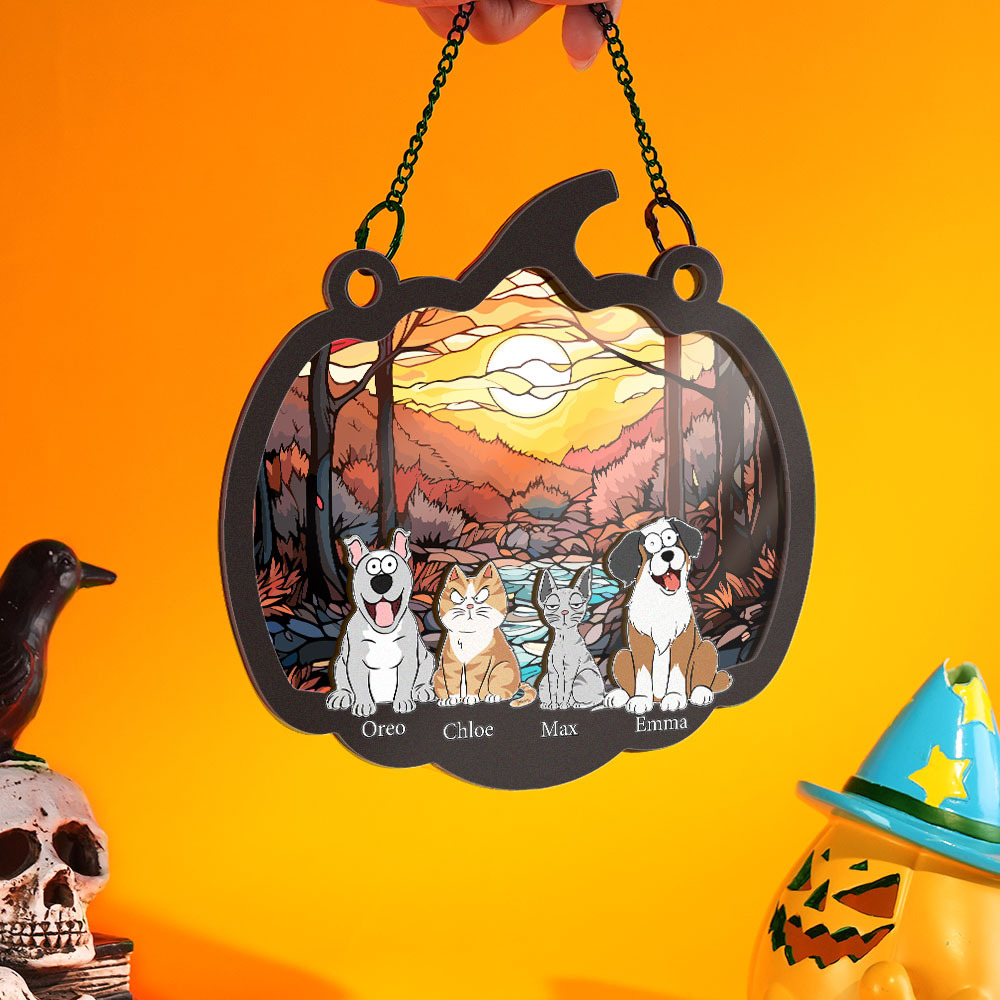 Happy Halloween With Fur Babies - Personalized Window Hanging Suncatcher Ornament