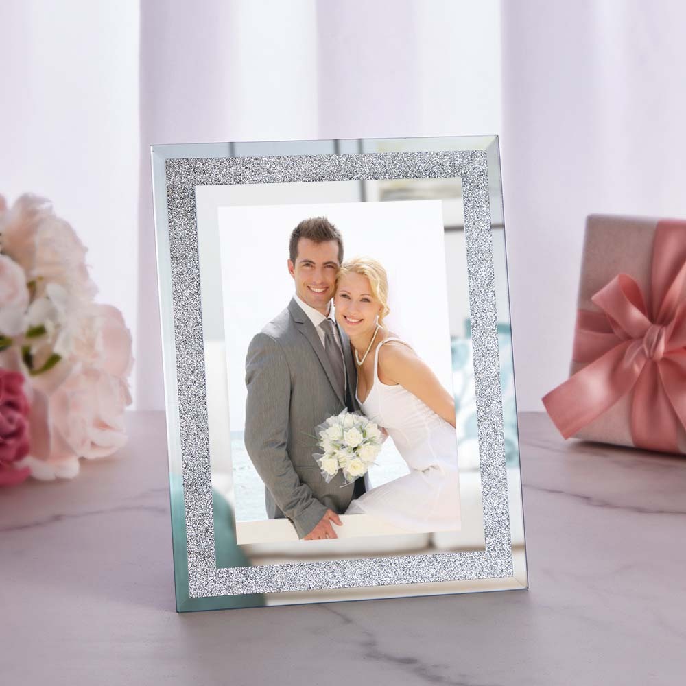 Custom Photo Frame Photo Holder Glass Mirror with Sparkling Crystal Boarder Gift for Her - photomoonlamp
