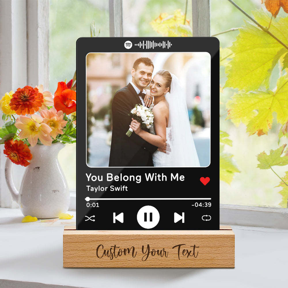 Custom Acrylic Spotify Song Plaque with Engrave Wood Stand Wedding Anniversary Gift - photomoonlamp