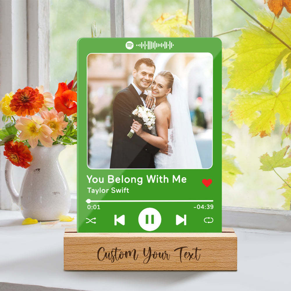 Custom Acrylic Spotify Song Plaque with Engrave Wood Stand Wedding Anniversary Gift - photomoonlamp