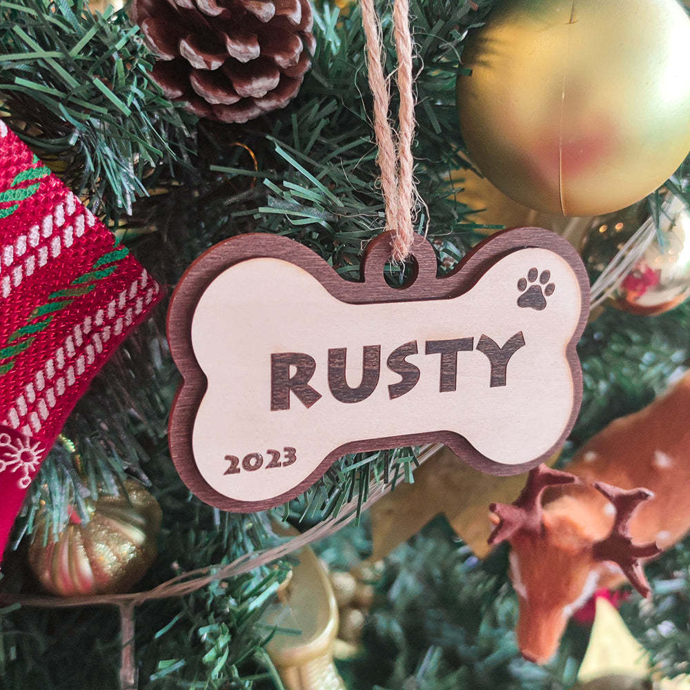 Personalized Dog Name Year Dog Bone Ornament Christmas Gift - photomoonlamp
