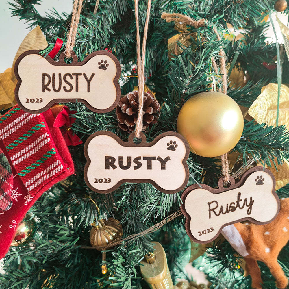 Personalized Dog Name Year Dog Bone Ornament Christmas Gift - photomoonlamp