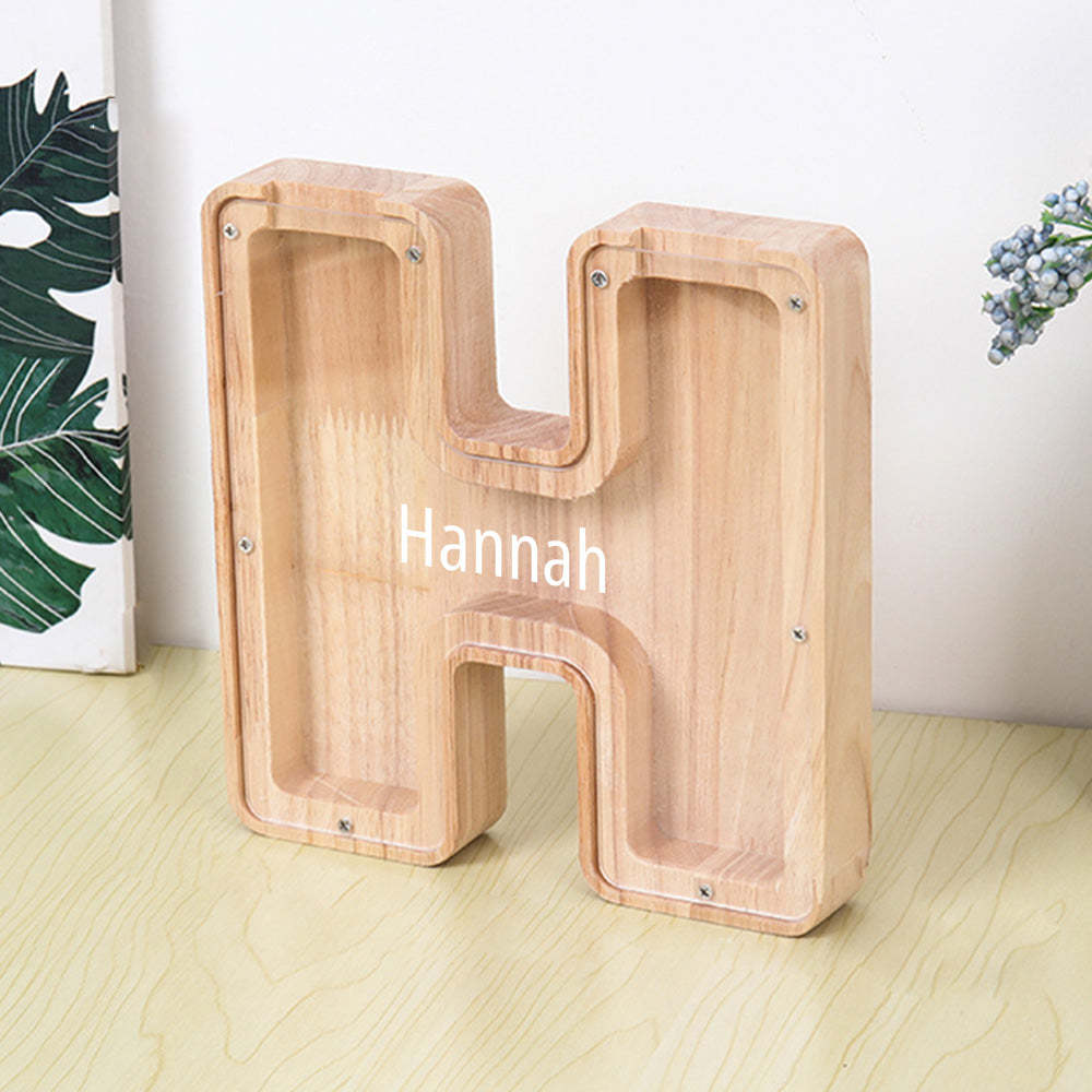 Personalized Letter Piggy Bank Custom Name Wooden Engraved Letter Money Box Gift for Kids - photomoonlamp