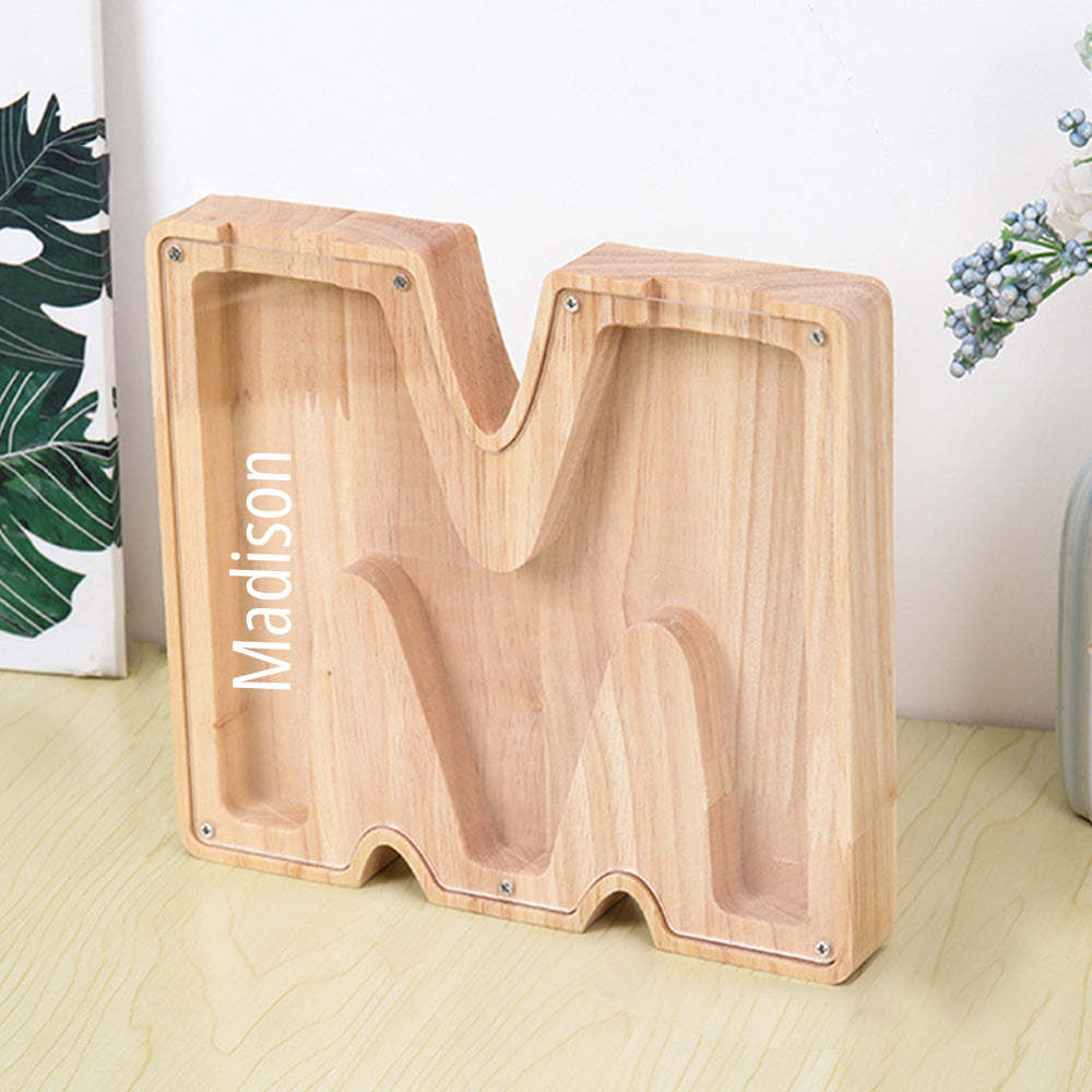 Personalized Letter Piggy Bank Custom Name Wooden Engraved Letter Money Box Gift for Kids - photomoonlamp