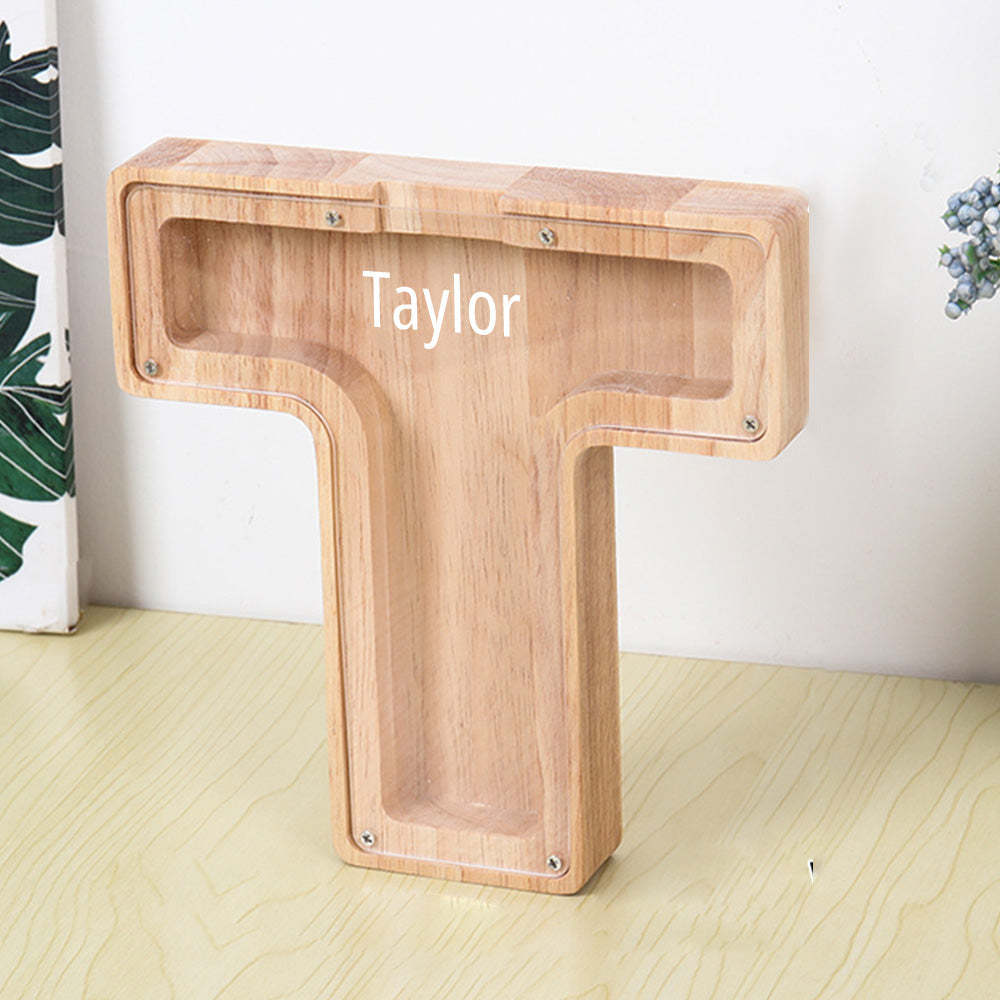 Personalized Letter Piggy Bank Custom Name Wooden Engraved Letter Money Box Gift for Kids - photomoonlamp