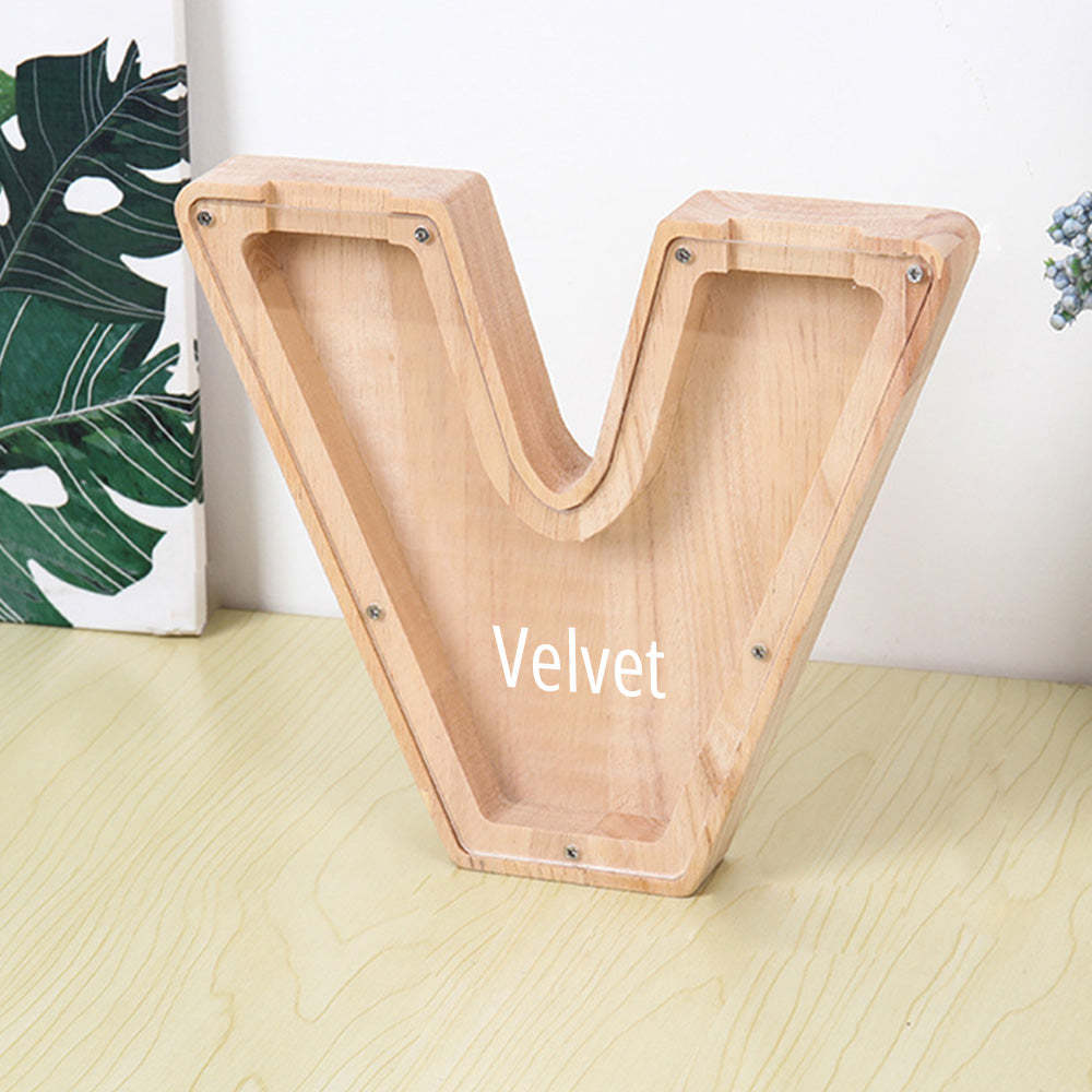 Personalized Letter Piggy Bank Custom Name Wooden Engraved Letter Money Box Gift for Kids - photomoonlamp