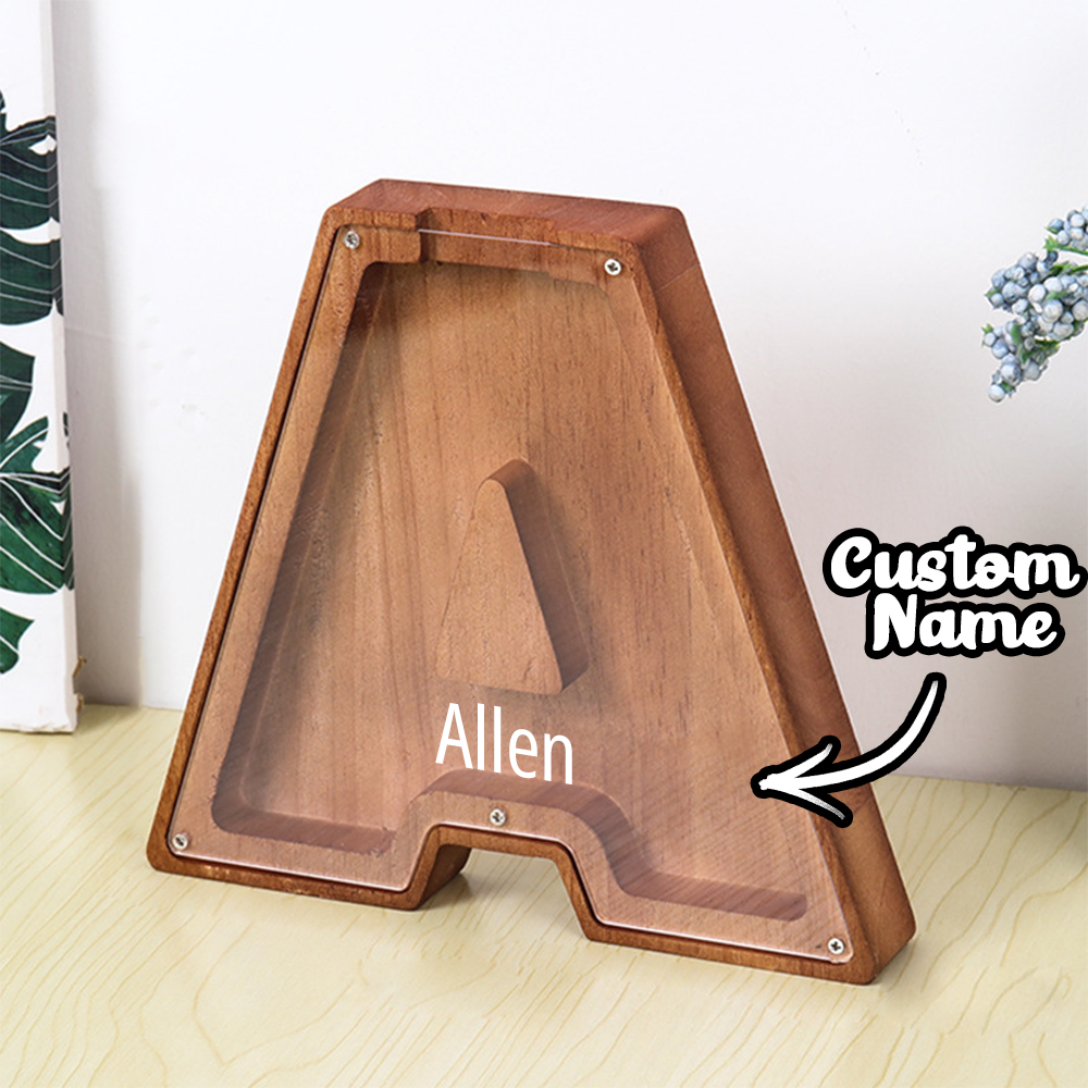Personalized Letter Piggy Bank Custom Name Wooden Engraved Letter Money Box Gift for Kids - photomoonlamp