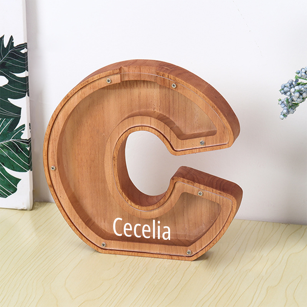 Personalized Letter Piggy Bank Custom Name Wooden Engraved Letter Money Box Gift for Kids - photomoonlamp