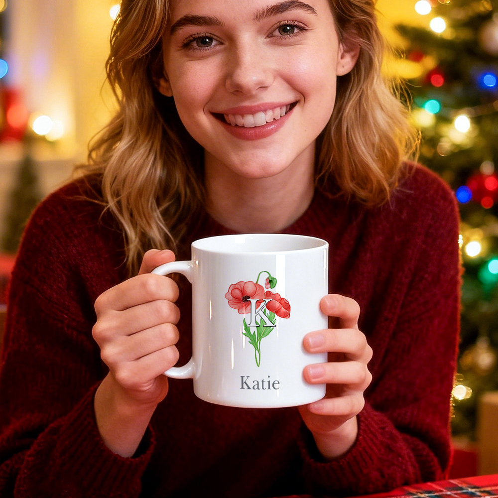 Christmas Gift Custom Birthday Flower & Name Mug Personalized Monthly Birth Flower Ceramic Cup Birthday Gift
