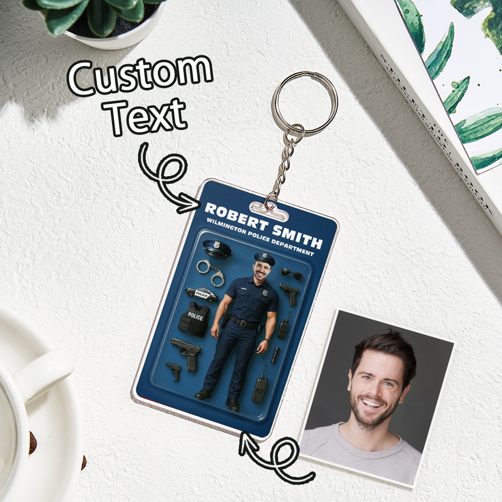 Custom 3D Effect Action Figure Customizable Head Packaging Toy Box Style Art Gift Personalized 2D Printing Acrylic Keychain Gift for Police Officers - PhotoMoonLamp