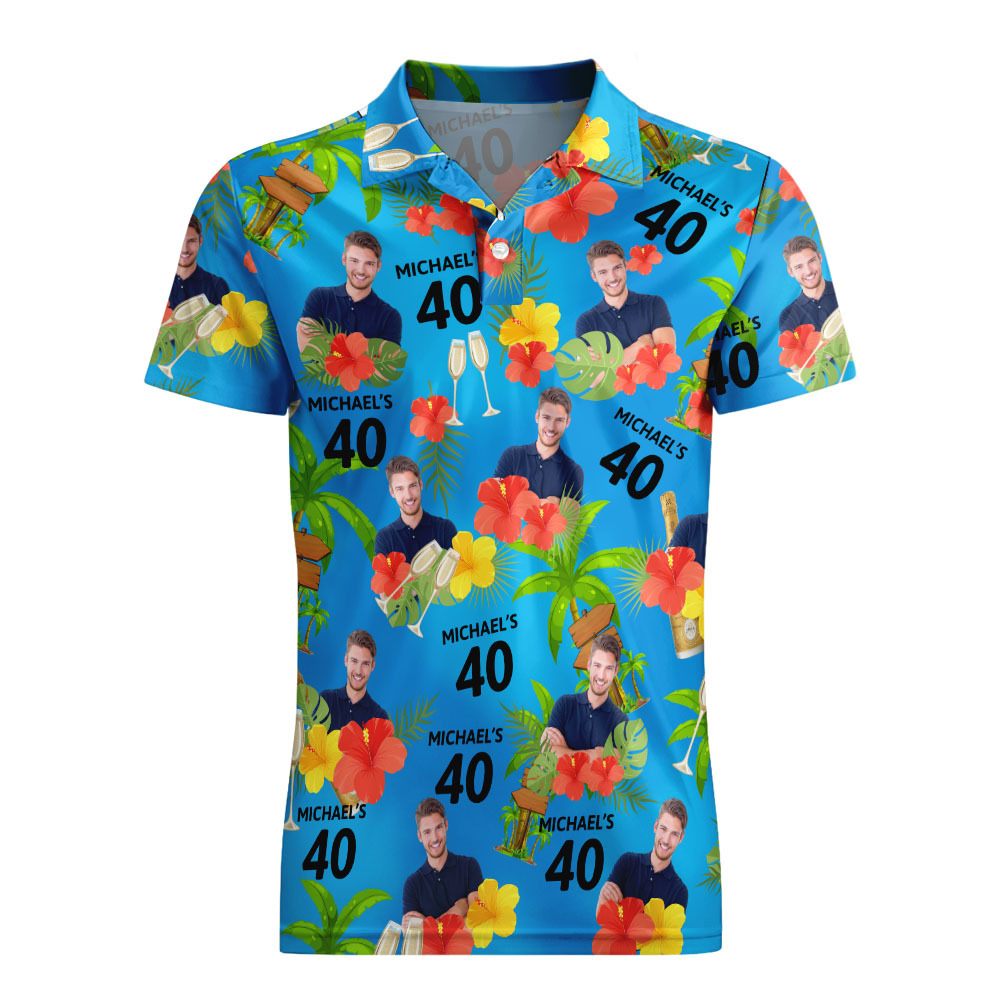 Custom Face Birthday Polo Shirt For Men Personalized Date and Name Yellow Flower And Palm Tree Polo Shirt - PhotoMoonLamp