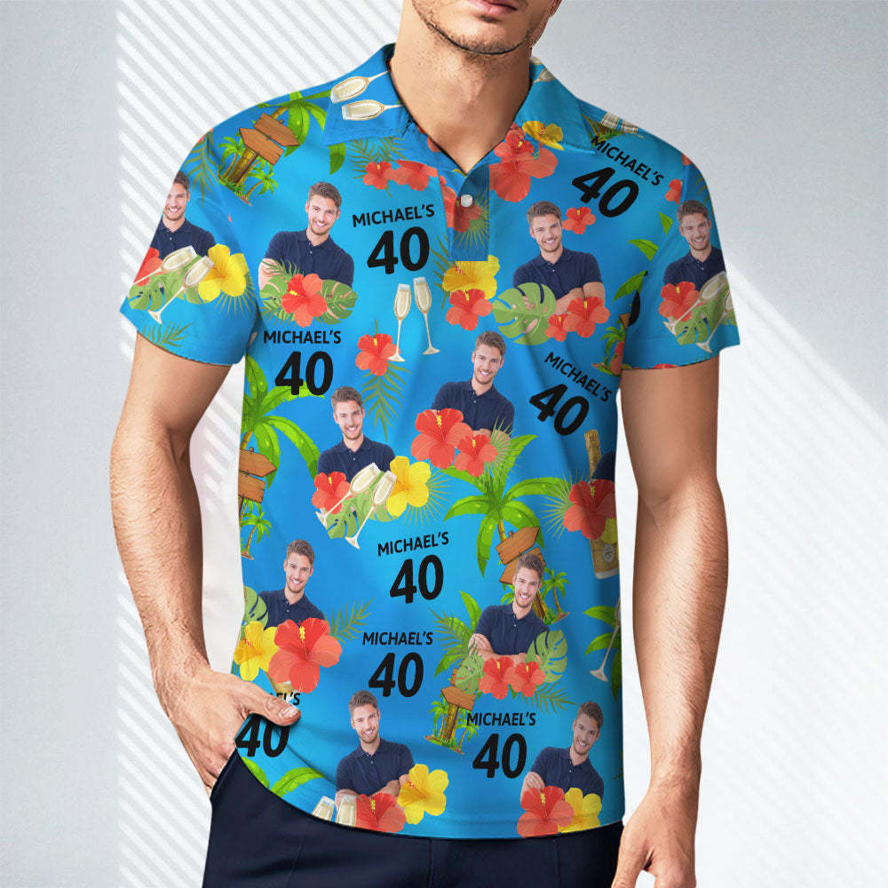 Custom Face Birthday Polo Shirt For Men Personalized Date and Name Yellow Flower And Palm Tree Polo Shirt - PhotoMoonLamp