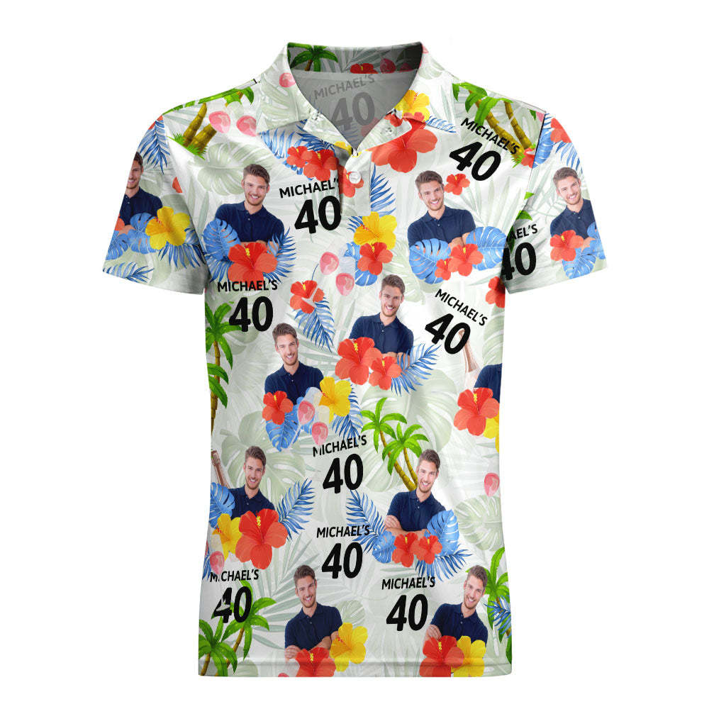 Custom Face Birthday Polo Shirt For Men Personalized Date and Name Yellow Flower And Palm Tree Polo Shirt - PhotoMoonLamp