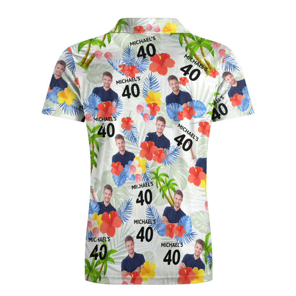 Custom Face Birthday Polo Shirt For Men Personalized Date and Name Yellow Flower And Palm Tree Polo Shirt - PhotoMoonLamp