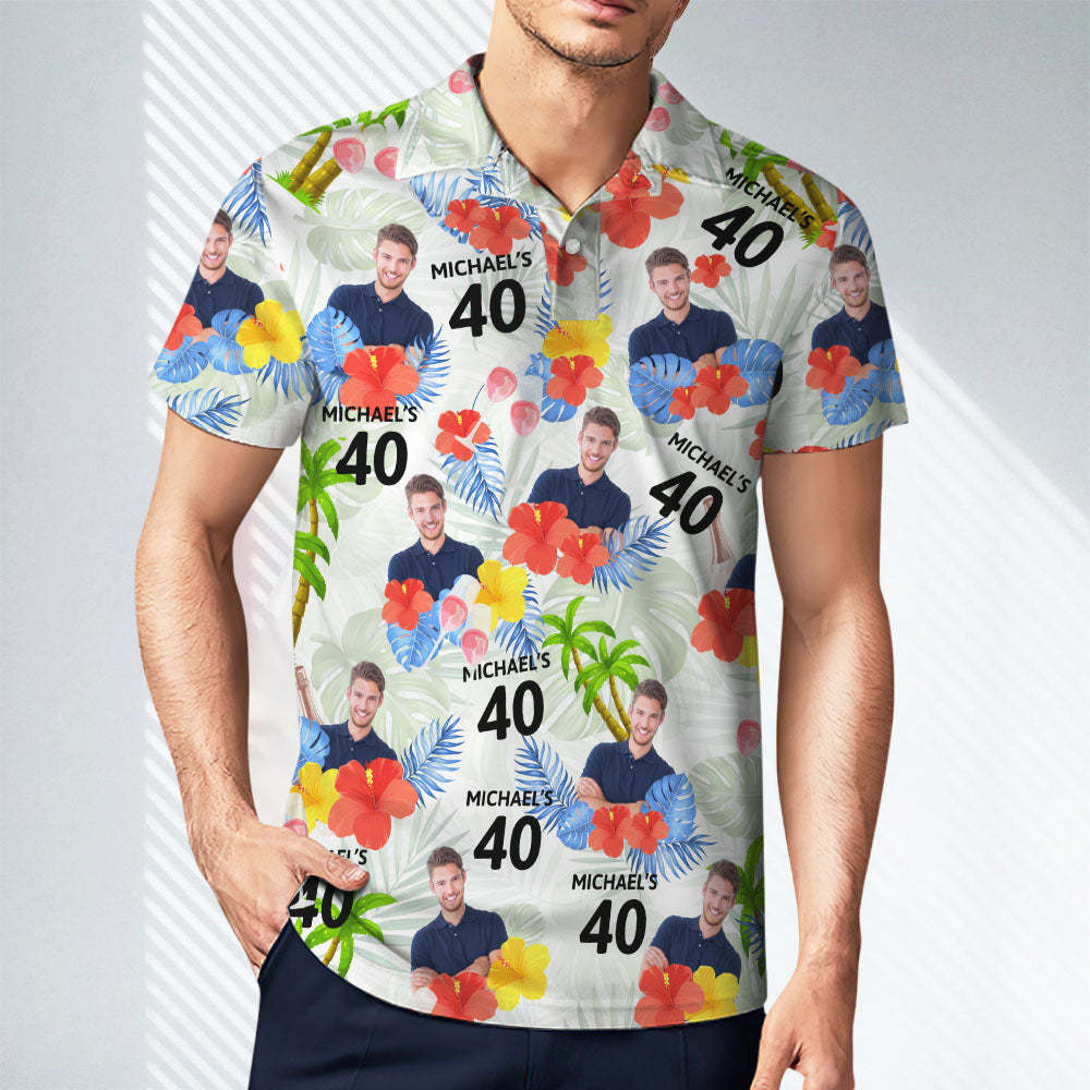 Custom Face Birthday Polo Shirt For Men Personalized Date and Name Yellow Flower And Palm Tree Polo Shirt - PhotoMoonLamp