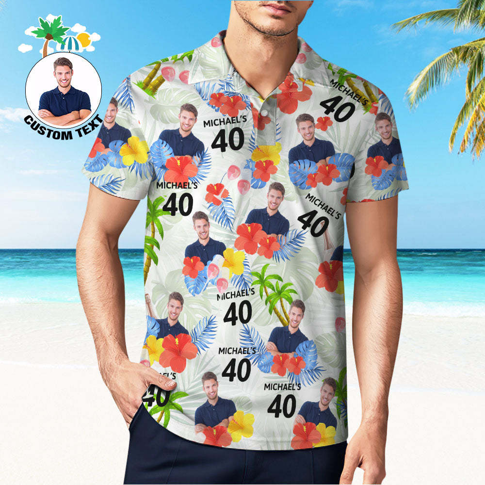 Custom Face Birthday Polo Shirt For Men Personalized Date and Name Yellow Flower And Palm Tree Polo Shirt - PhotoMoonLamp