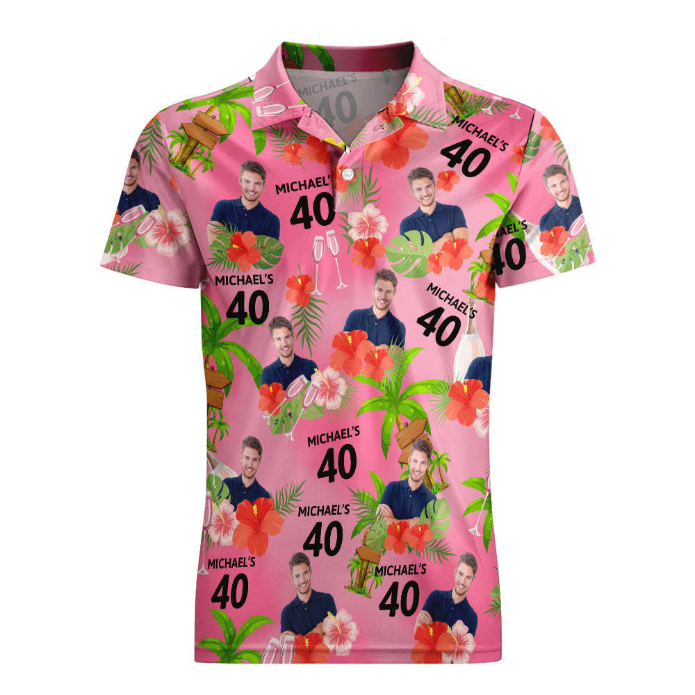 Custom Face Birthday Polo Shirt For Men Personalized Date and Name Yellow Flower And Palm Tree Polo Shirt - PhotoMoonLamp