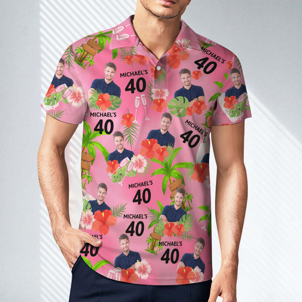 Custom Face Birthday Polo Shirt For Men Personalized Date and Name Yellow Flower And Palm Tree Polo Shirt - PhotoMoonLamp
