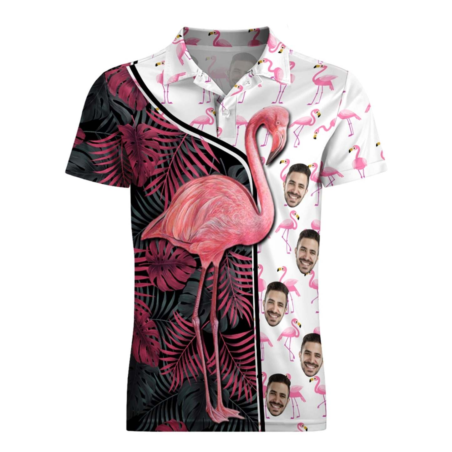 Custom Face Polo Shirt For Men Funny Flamingo Hawaiian Golf Shirts - PhotoMoonLamp