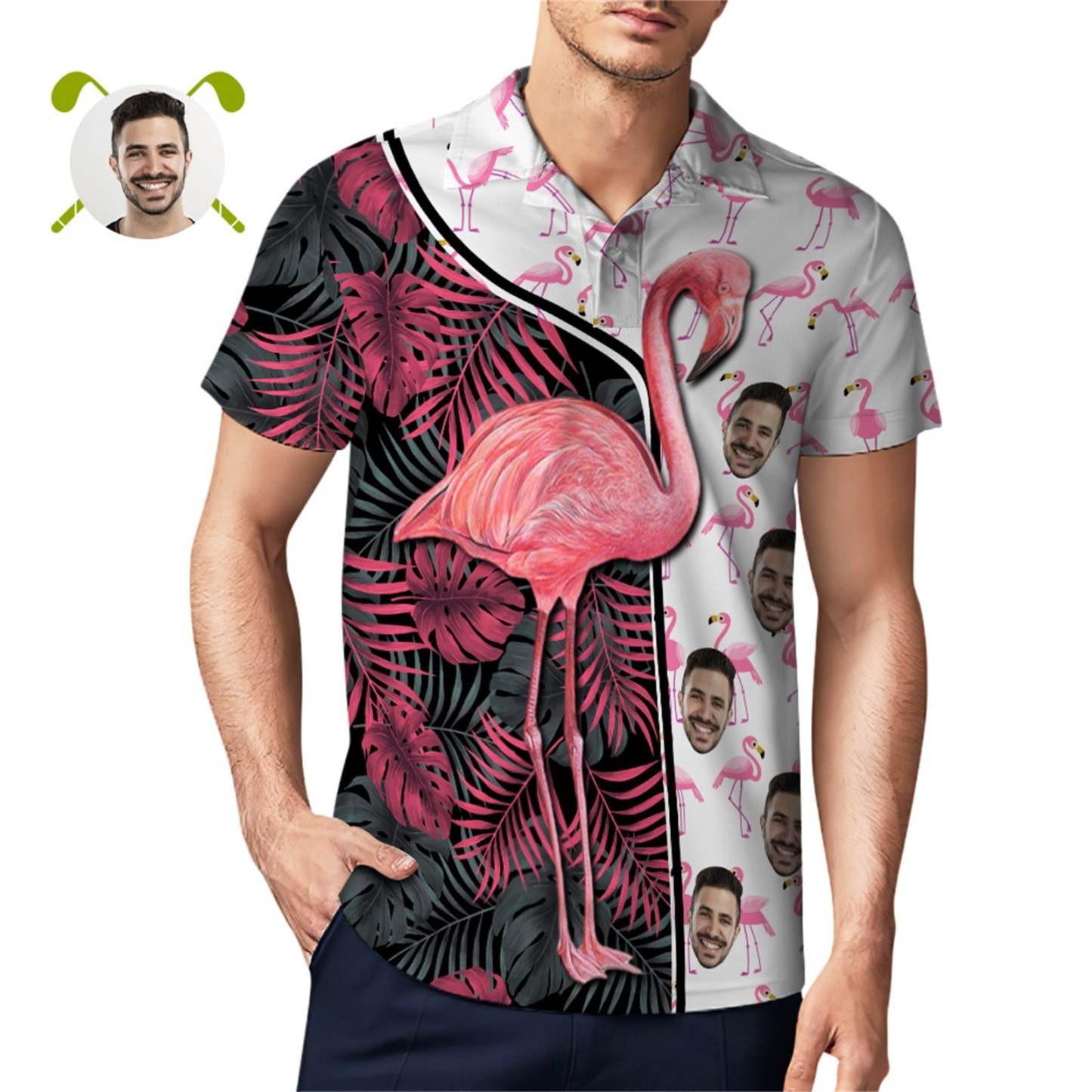 Custom Face Polo Shirt For Men Funny Flamingo Hawaiian Golf Shirts - PhotoMoonLamp