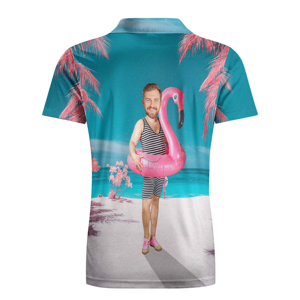 Custom Funny Face Flamingo Polo Shirt Flamingo Swim Ring Polo Shirt For Men - PhotoMoonLamp