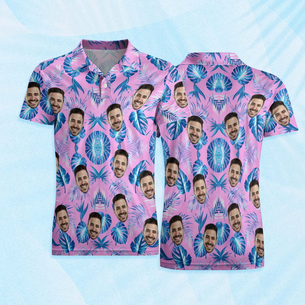 Custom Face Polo Shirt Pink Polo Shirt Blue Palm Leaf Polo Shirt Gift For Him - PhotoMoonLamp