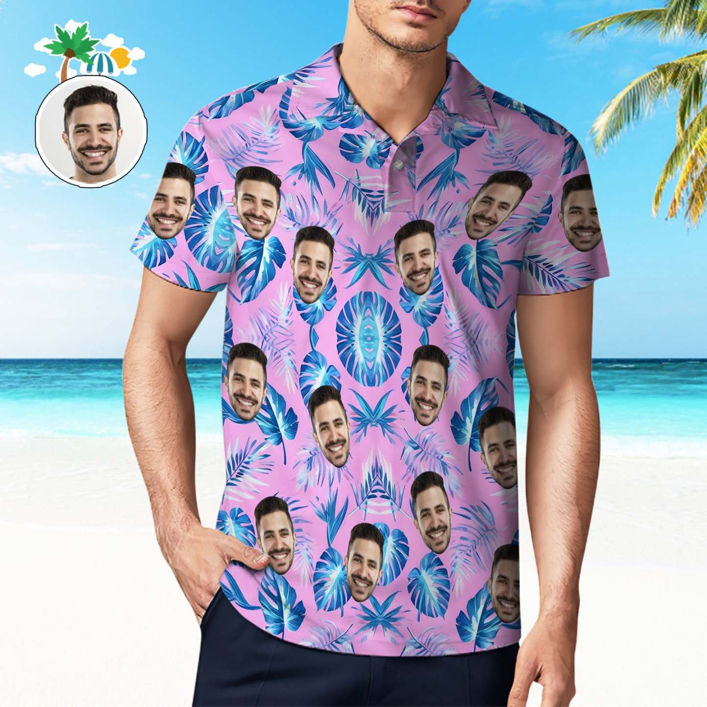 Custom Face Polo Shirt Pink Polo Shirt Blue Palm Leaf Polo Shirt Gift For Him - PhotoMoonLamp
