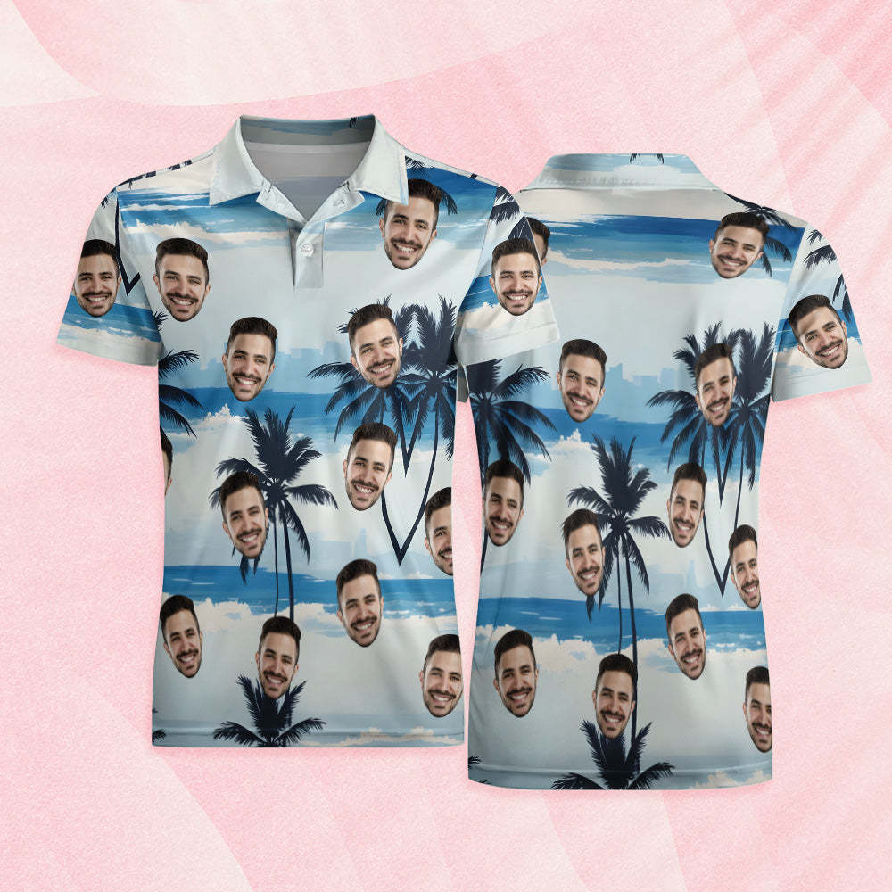 Custom Men's Face Polo Shirt Blue Sea And Coconut Tree Face Polo Shirt - PhotoMoonLamp