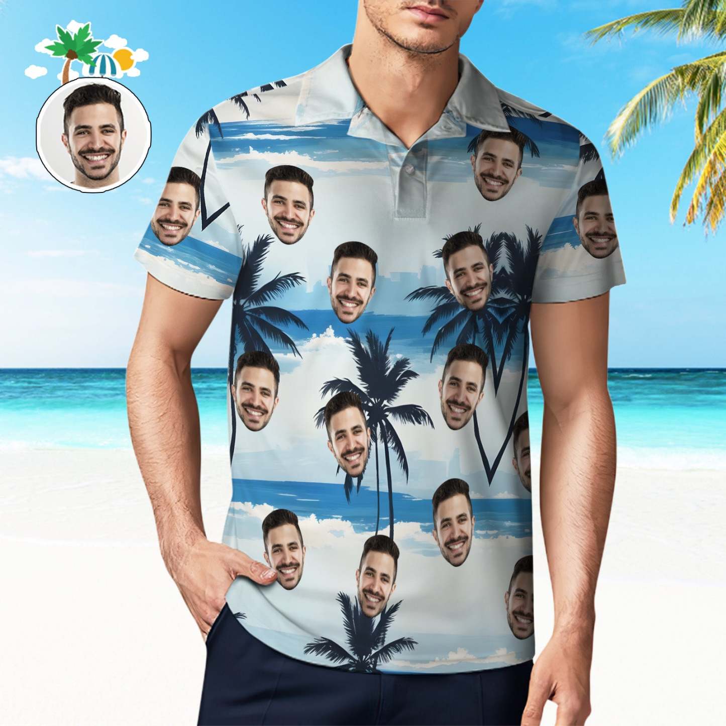 Custom Men's Face Polo Shirt Blue Sea And Coconut Tree Face Polo Shirt - PhotoMoonLamp