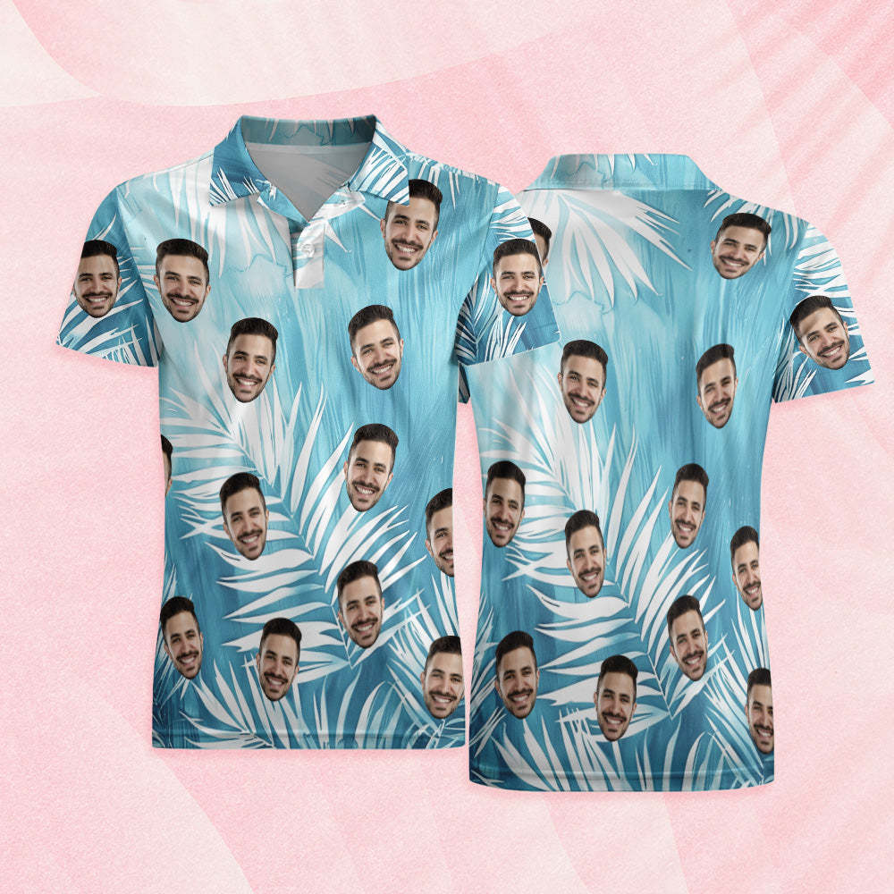 Custom Face Polo Shirt Light Blue Leaves Face Polo Shirt For Men - PhotoMoonLamp
