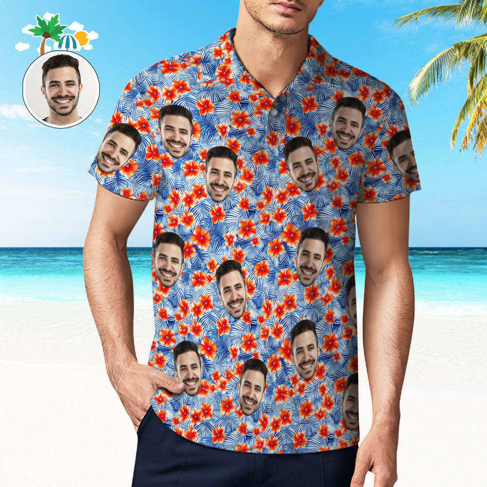 Custom Mens Face Hawaiian Polo Shirt Bloom Polo Shirt - PhotoMoonLamp