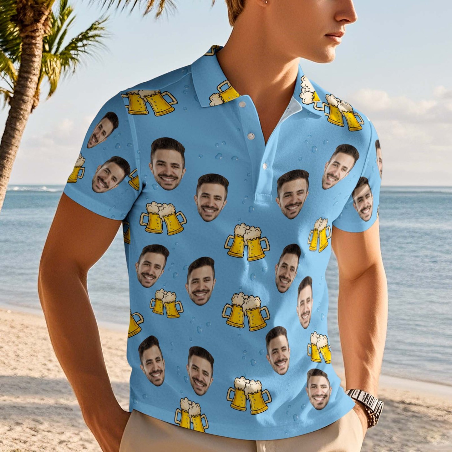 Custom Face Polo Shirt Cheers Beer Blue Polo Shirt - PhotoMoonLamp