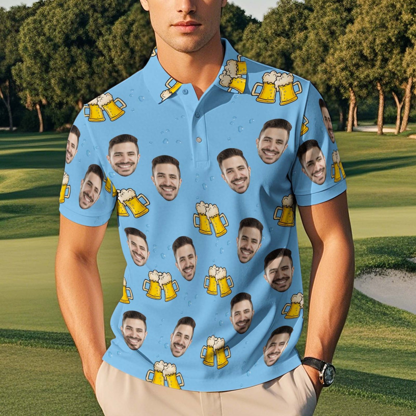 Custom Face Polo Shirt Cheers Beer Blue Polo Shirt - PhotoMoonLamp