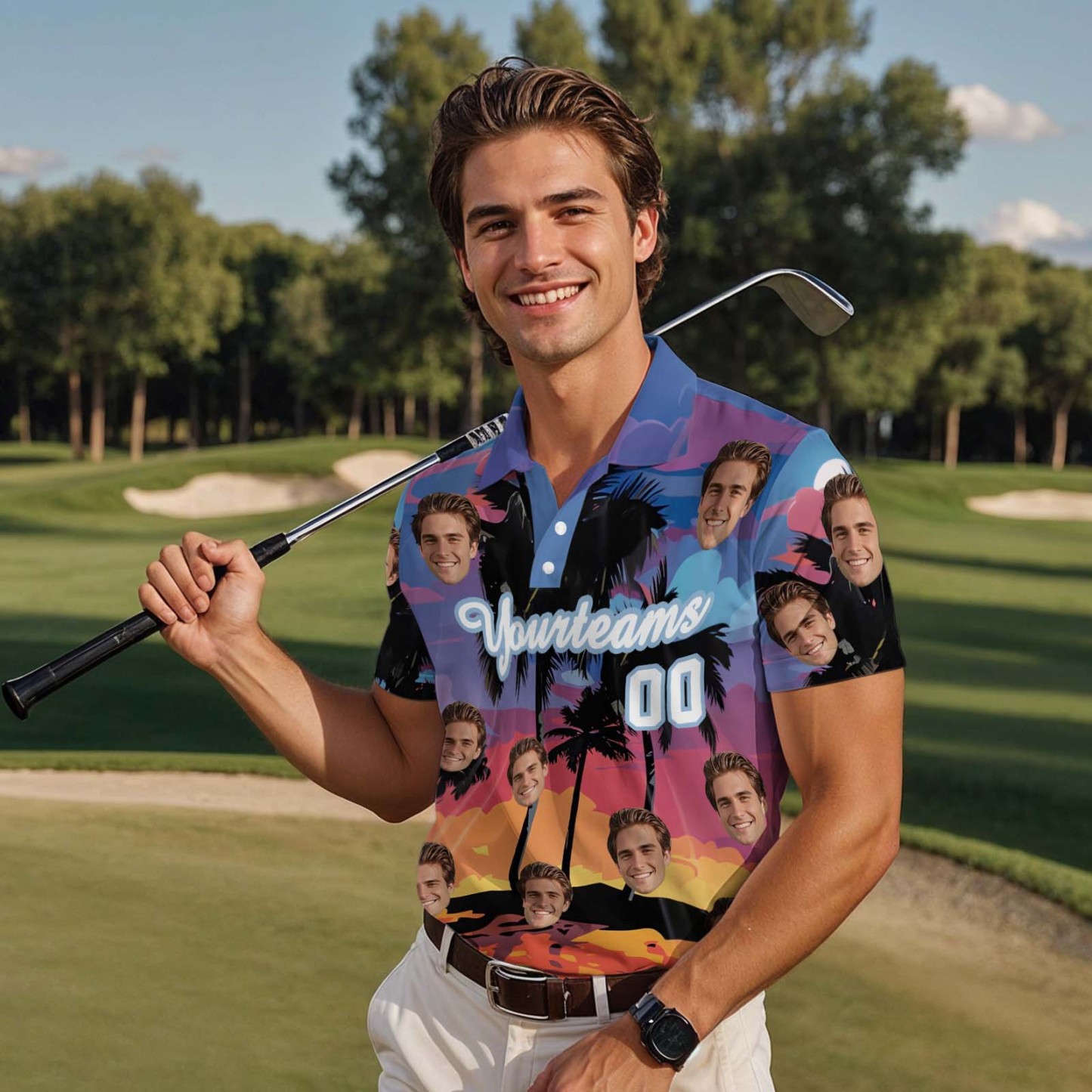 Custom Face Polo Watercolor Ink Green Golf Polo Shirt Text or Not Team Polo Shirt - PhotoMoonLamp