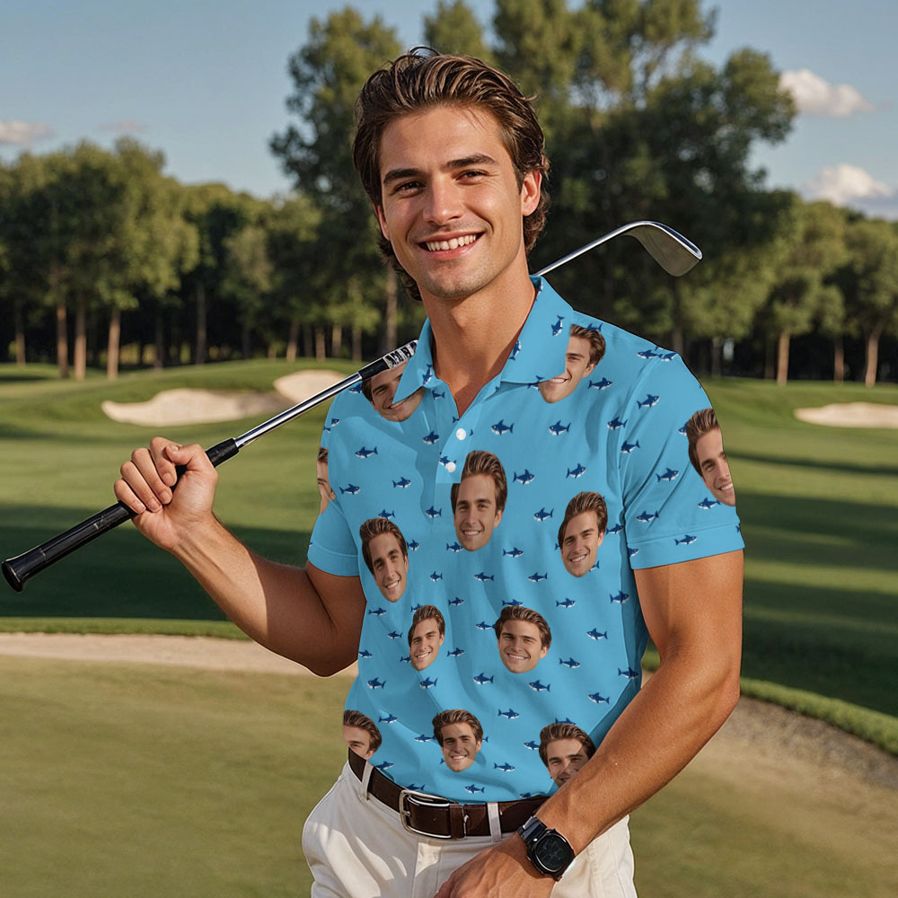 Custom Face Polo Blue Shark Golf Polo Shirt Men's Polo Shirt Gift - PhotoMoonLamp