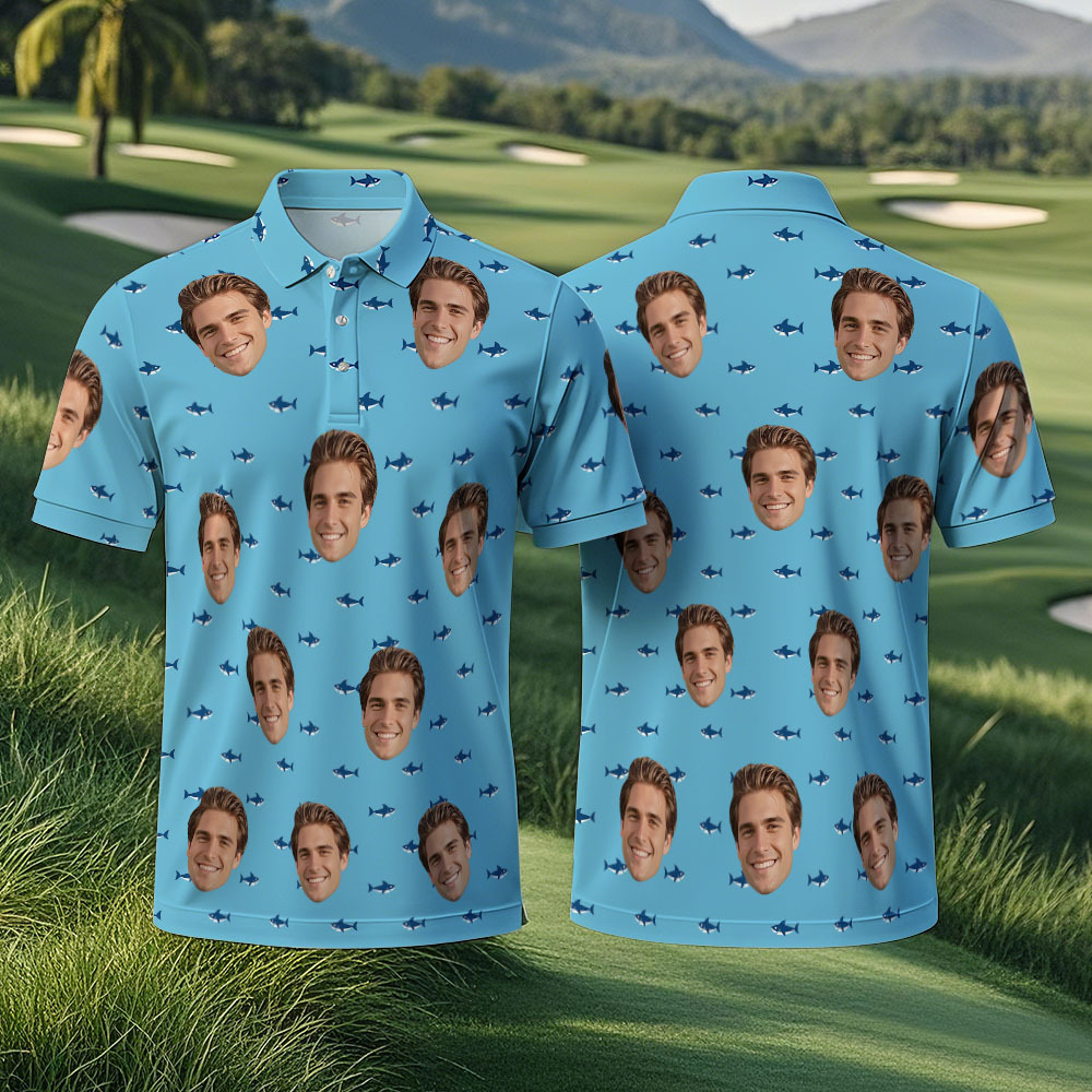 Custom Face Polo Blue Shark Golf Polo Shirt Men's Polo Shirt Gift - PhotoMoonLamp